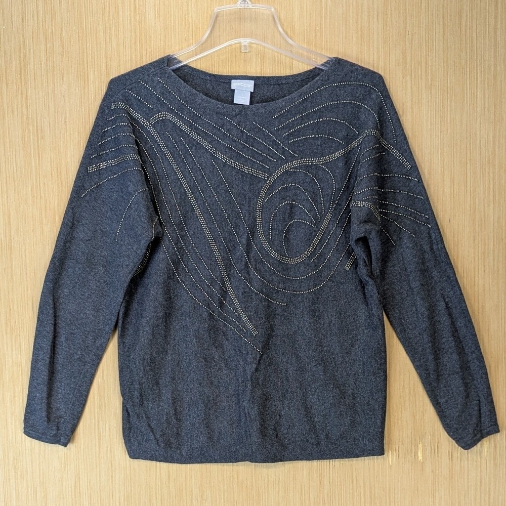Chicos Artsy Beaded Swirl Cashmere Blend Sweater Size M Gray Long Sleeve Glam